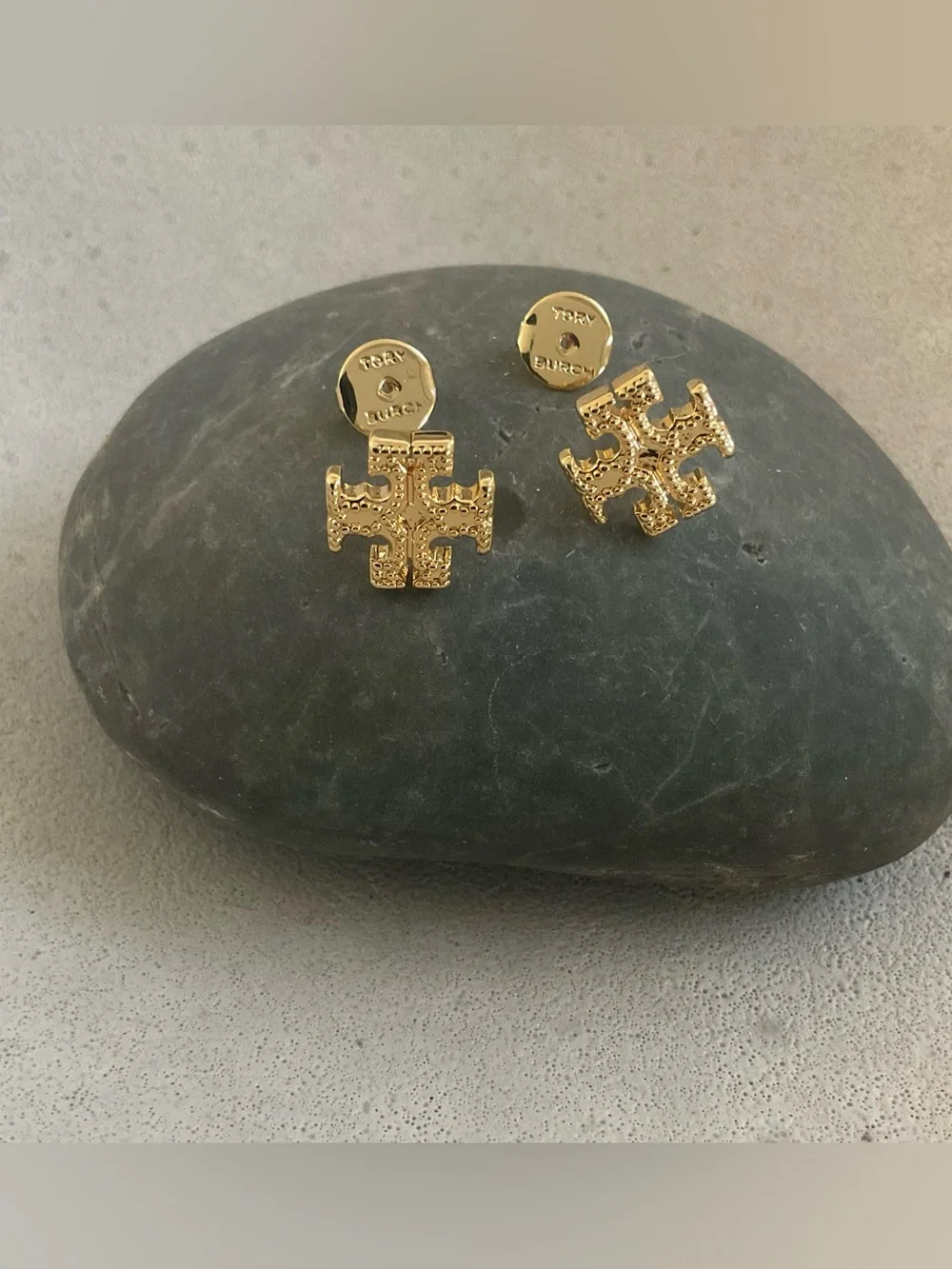 Tory Burch Textured Gold Tone Logo Stud Earrings